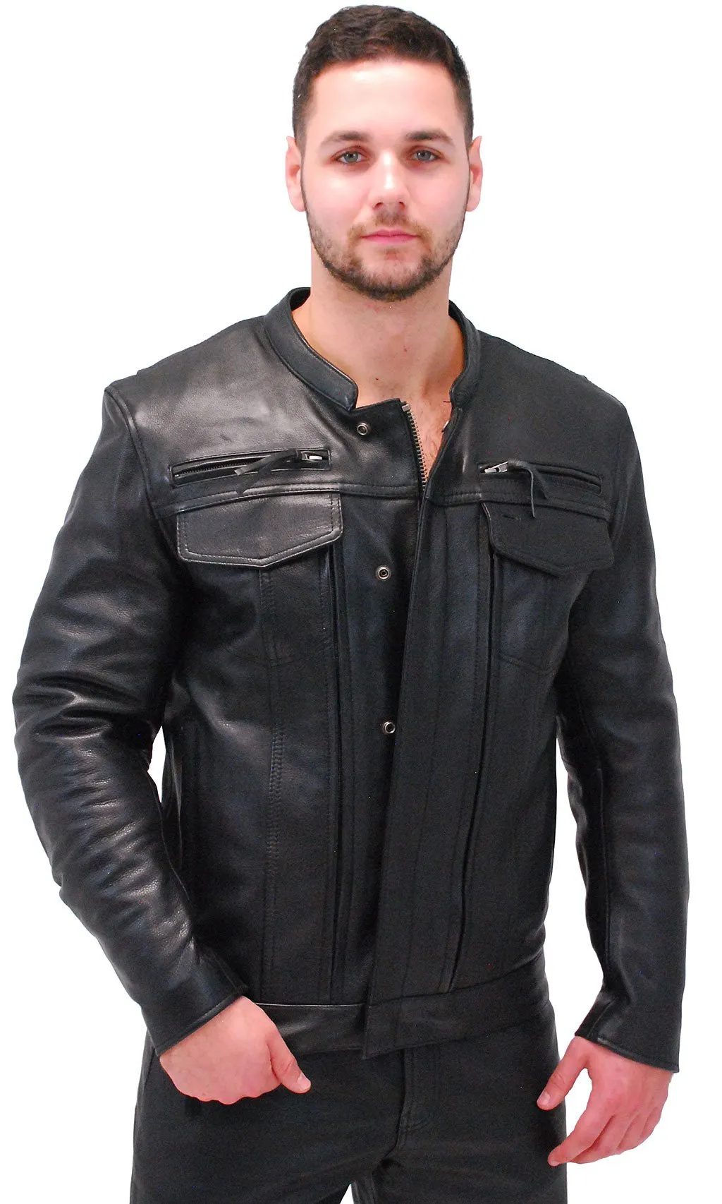 No Collar Men's Vented Concealed Pocket Motorcycle Jacket #M263GVZK