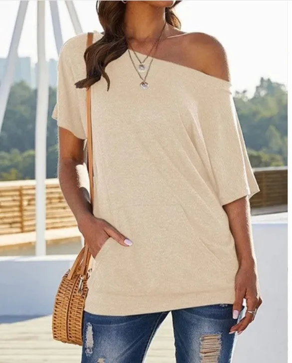 Off-shoulder pocket top solid color slot pocket oblique shoulder T-shirt