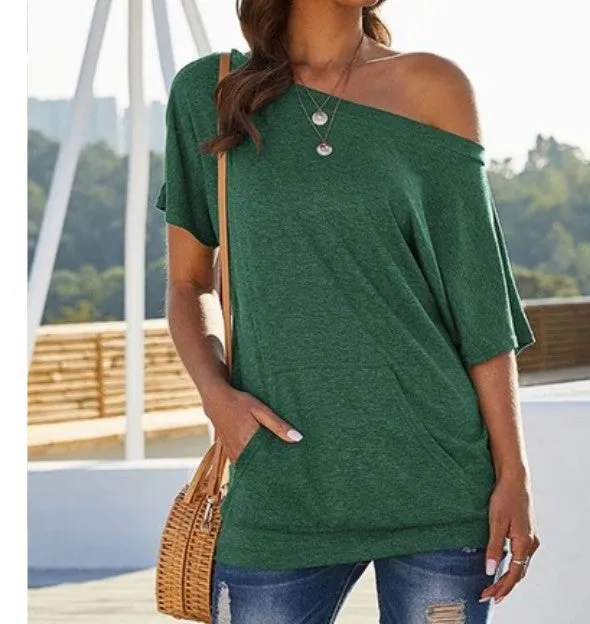 Off-shoulder pocket top solid color slot pocket oblique shoulder T-shirt