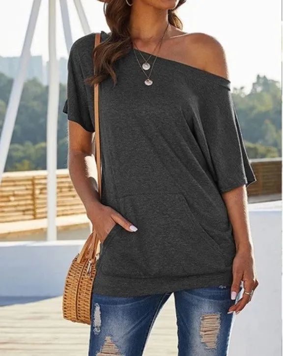 Off-shoulder pocket top solid color slot pocket oblique shoulder T-shirt