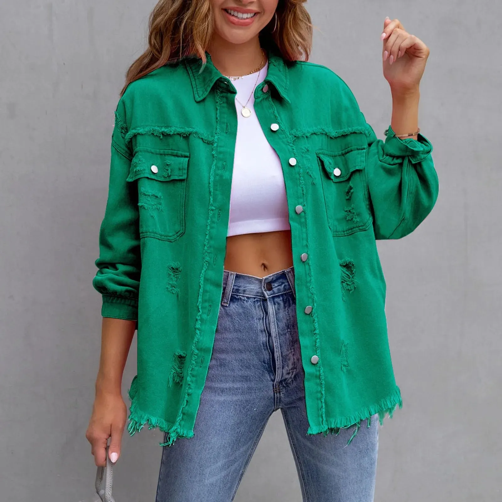 Ripped Oversized Denim Jacket with Lapel Button