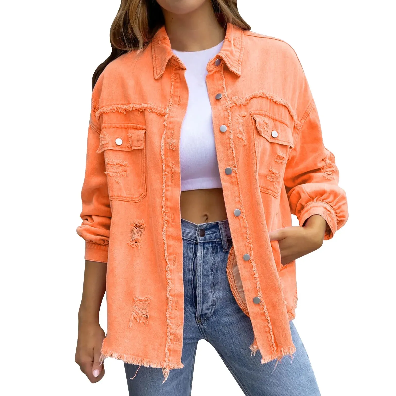 Ripped Oversized Denim Jacket with Lapel Button