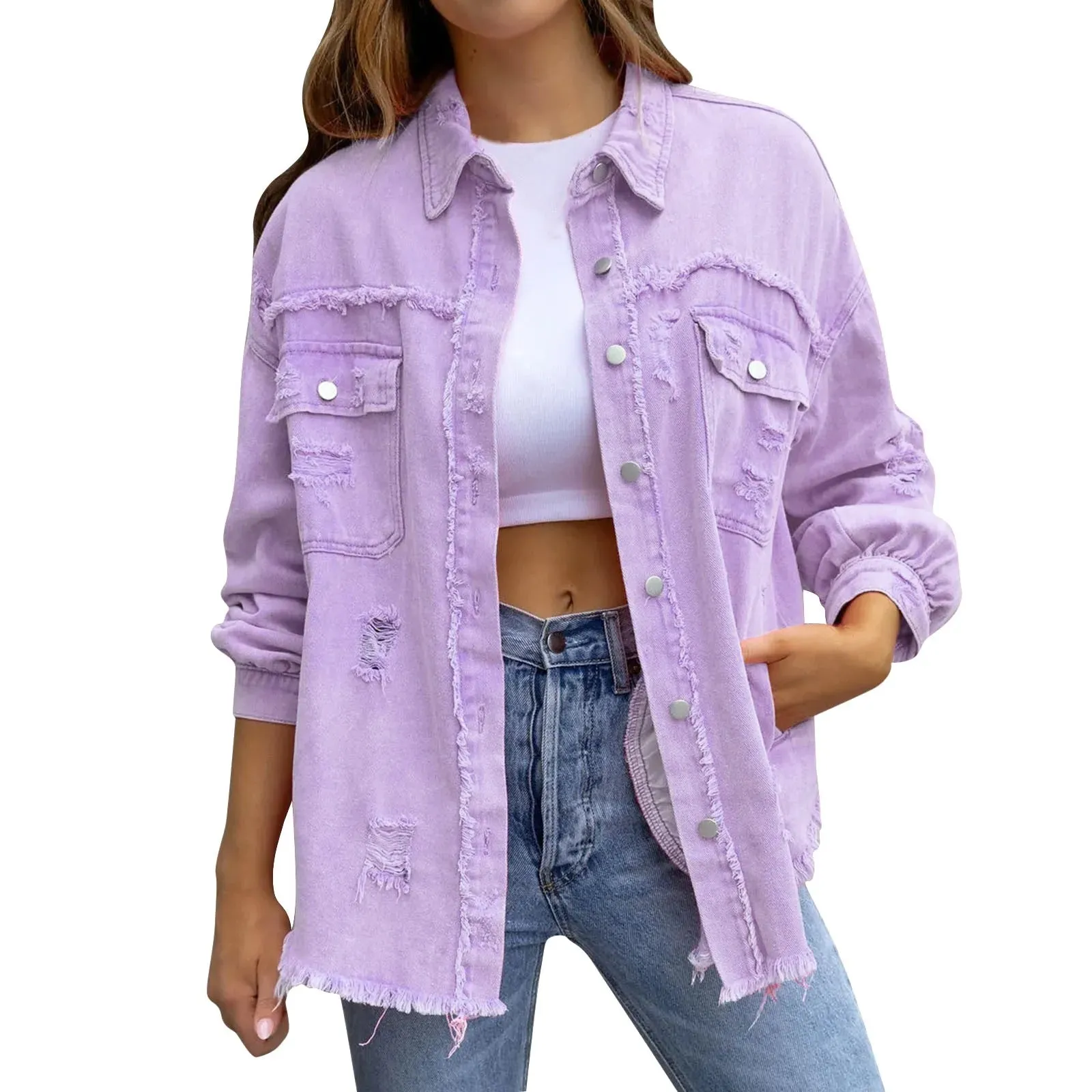 Ripped Oversized Denim Jacket with Lapel Button