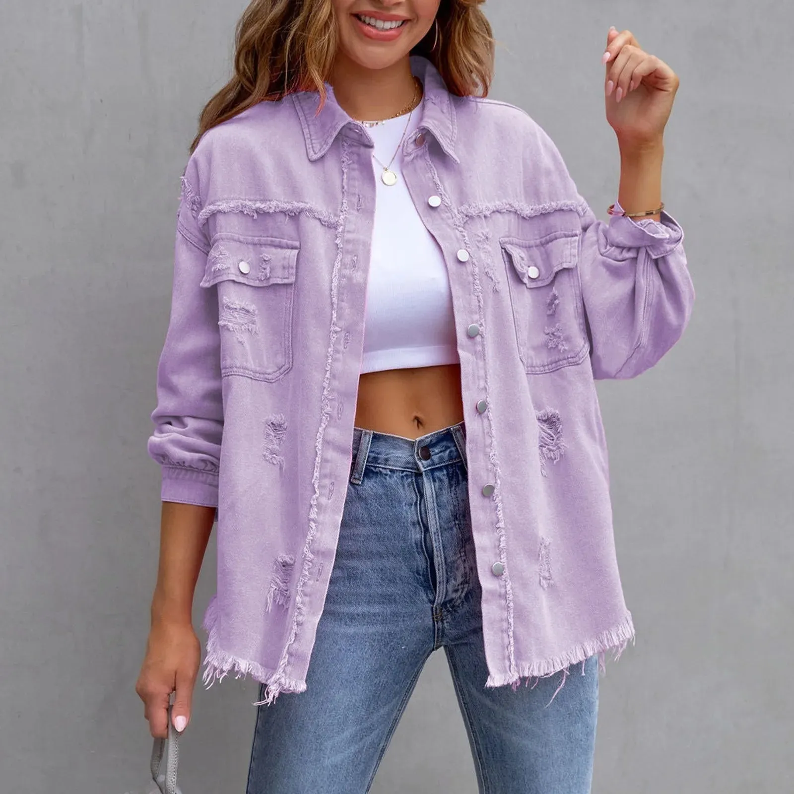 Ripped Oversized Denim Jacket with Lapel Button