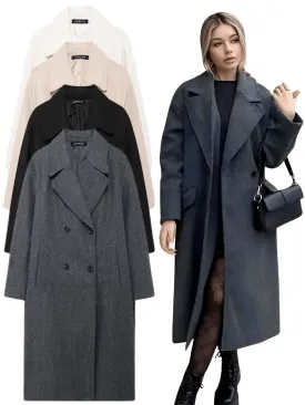 Solid Lapel Women's Double Breasted Long Coat Top Female Pocket Streetwear