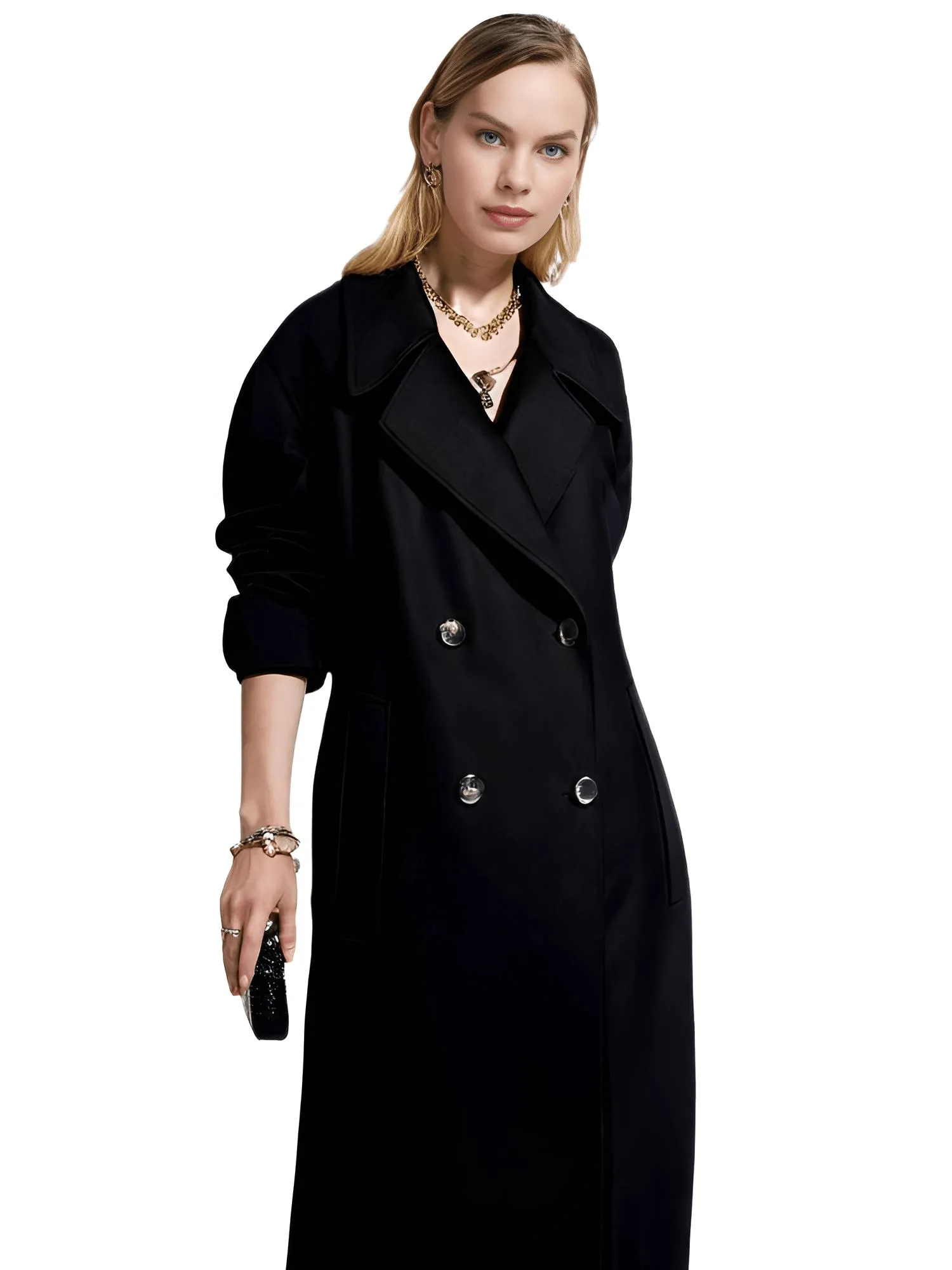 Solid Lapel Women's Double Breasted Long Coat Top Female Pocket Streetwear