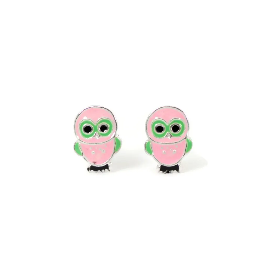 Sterling Silver Children's Pink and Green Owl Earrings