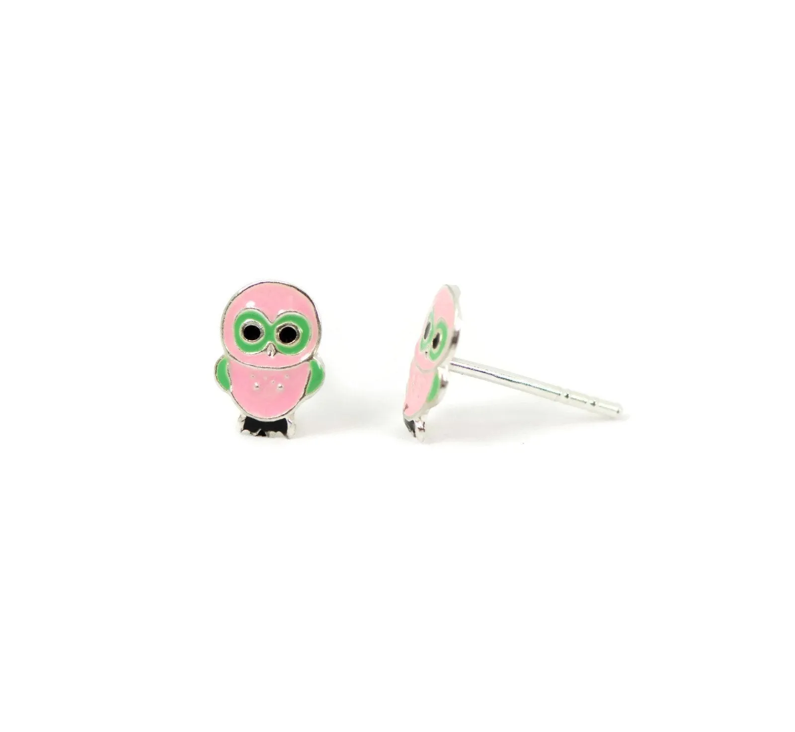 Sterling Silver Children's Pink and Green Owl Earrings