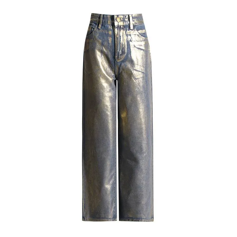 Vennie Loose Straight Jeans With Metallic Finish