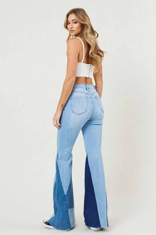 Vibrant M.I.U Color block slit flare jeans