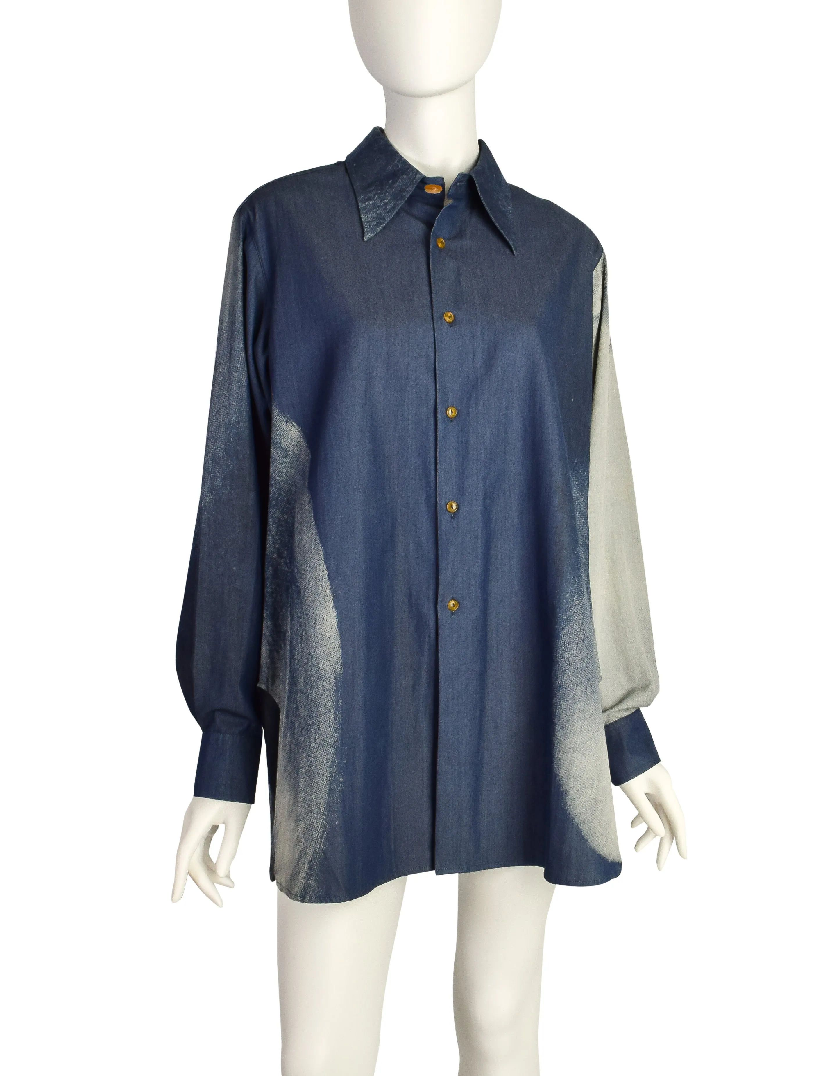 Vivienne Westwood Vintage 1992 'Always On Camera' Iconic Marlene Dietrich Print Indigo Chambray Button Up Shirt