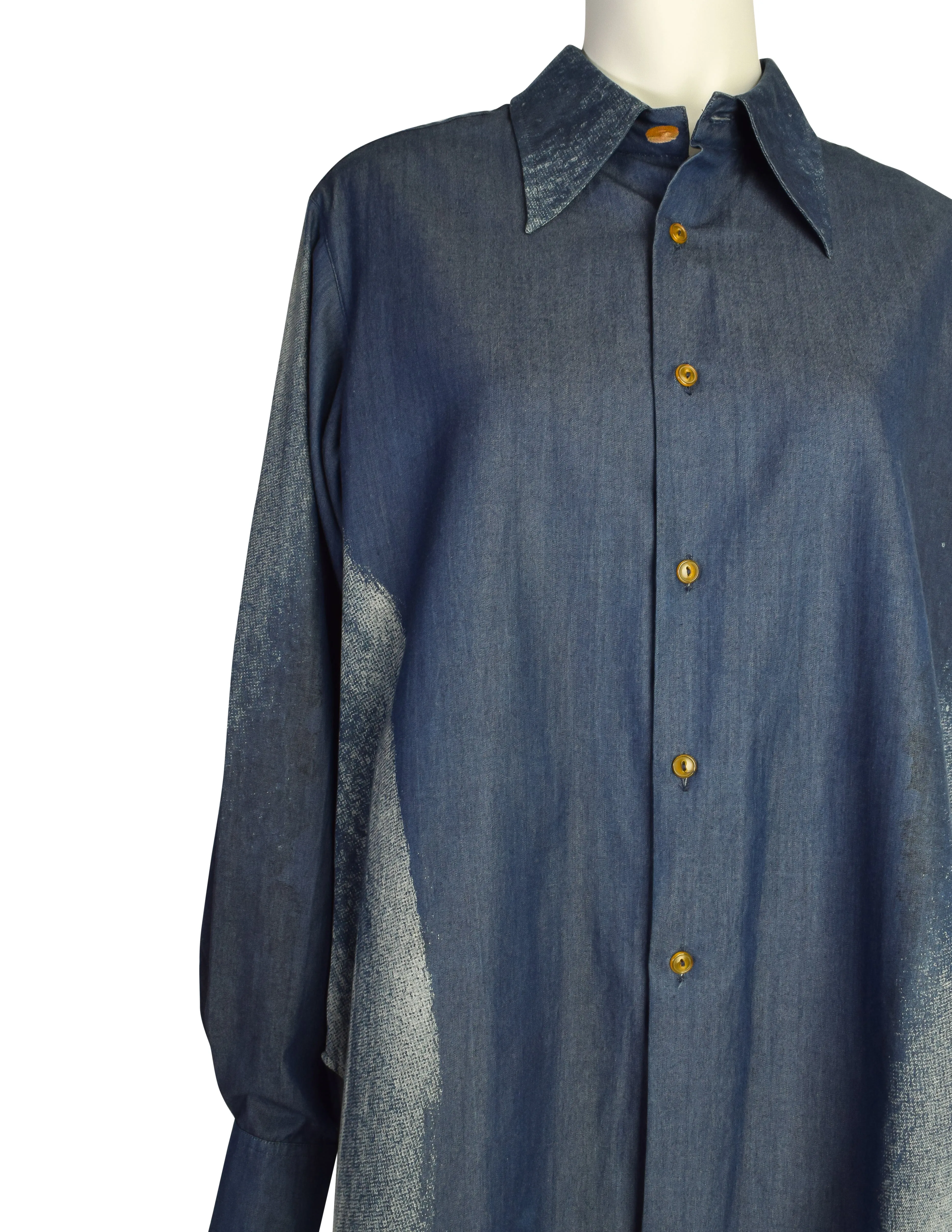 Vivienne Westwood Vintage 1992 'Always On Camera' Iconic Marlene Dietrich Print Indigo Chambray Button Up Shirt