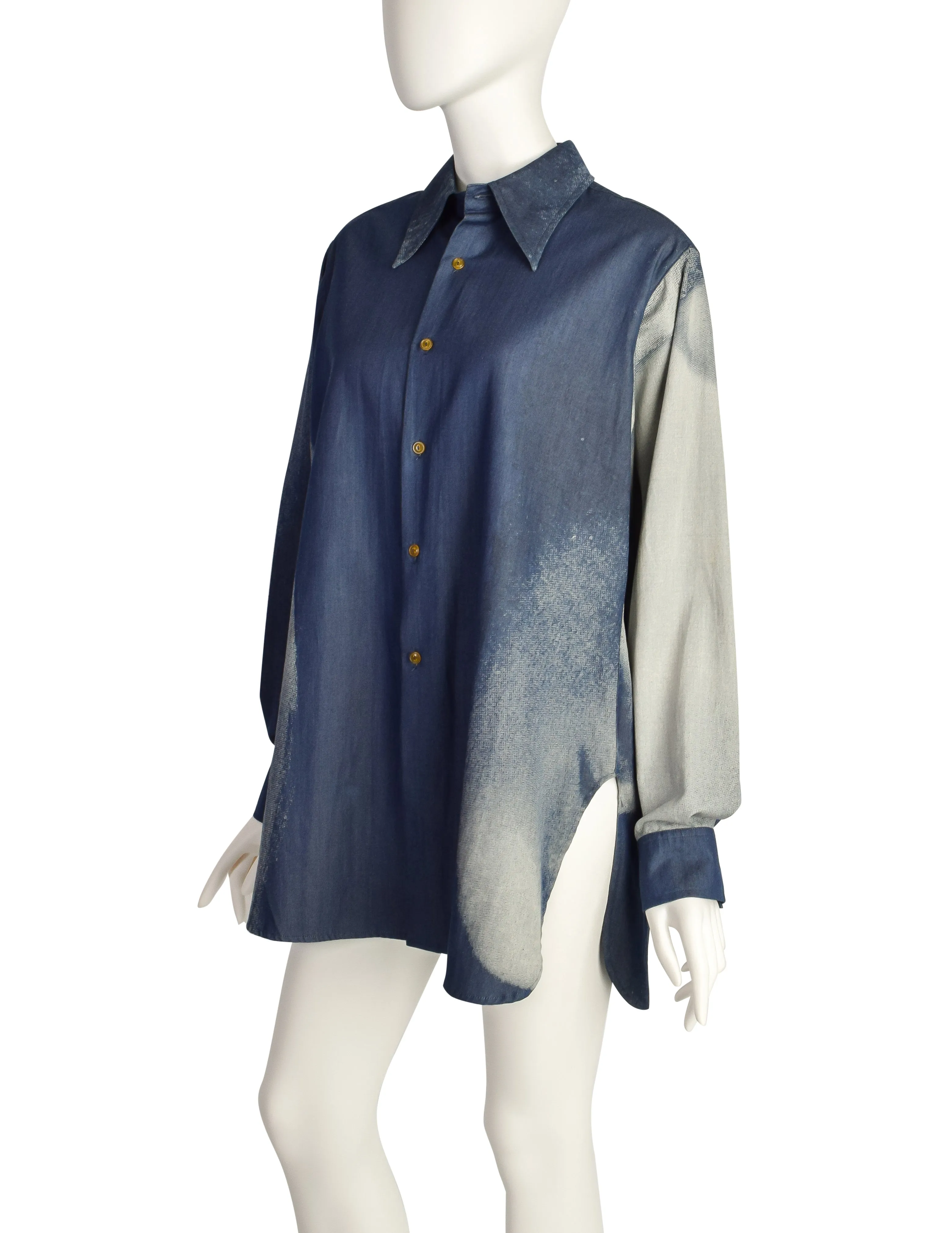 Vivienne Westwood Vintage 1992 'Always On Camera' Iconic Marlene Dietrich Print Indigo Chambray Button Up Shirt