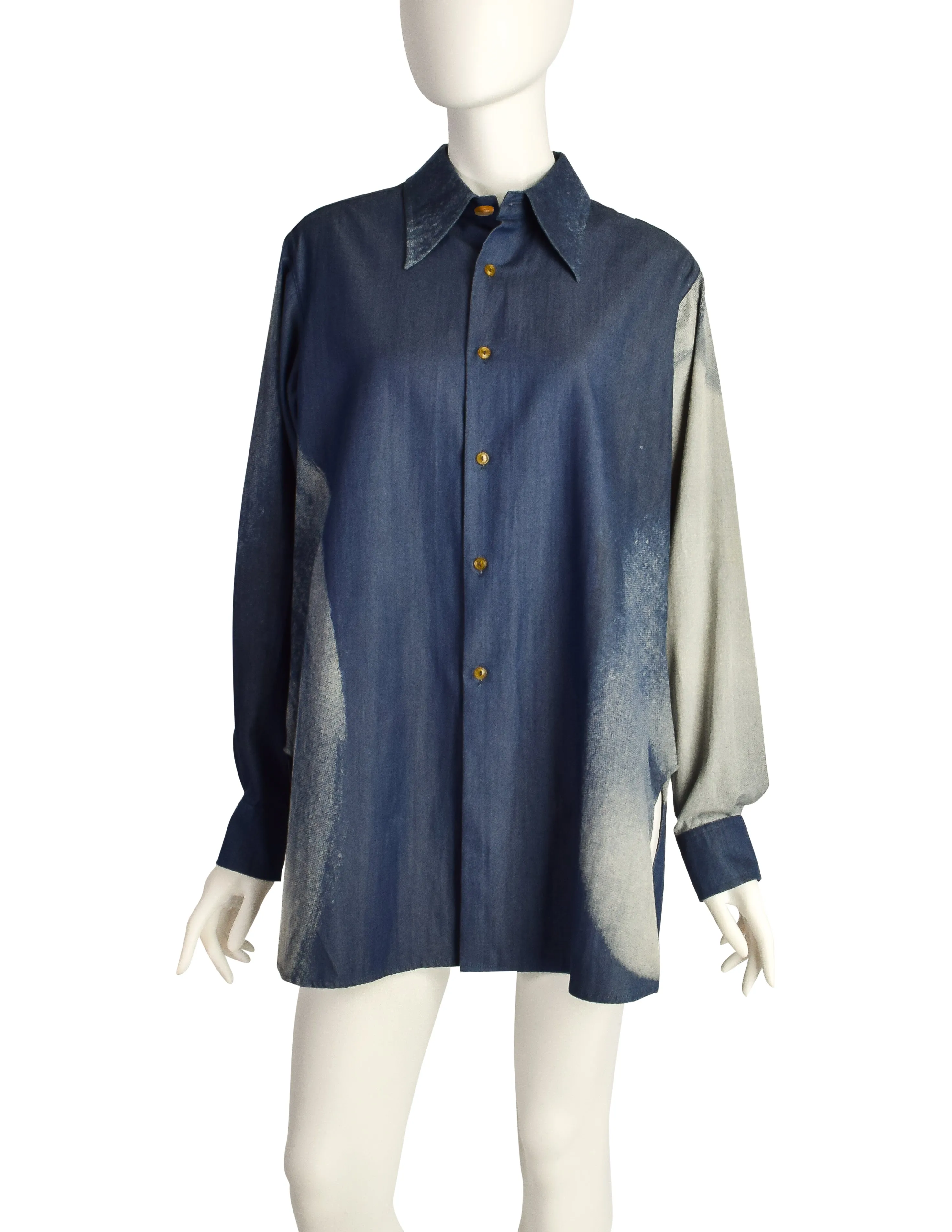 Vivienne Westwood Vintage 1992 'Always On Camera' Iconic Marlene Dietrich Print Indigo Chambray Button Up Shirt