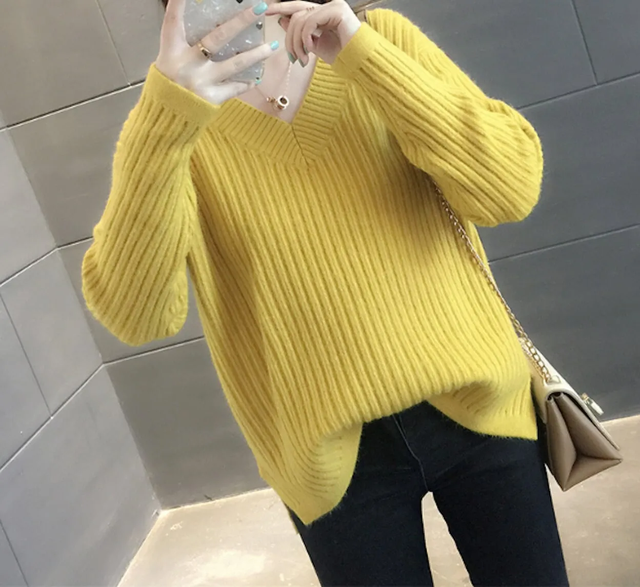 Womens V Neck Rib Knit Sweater