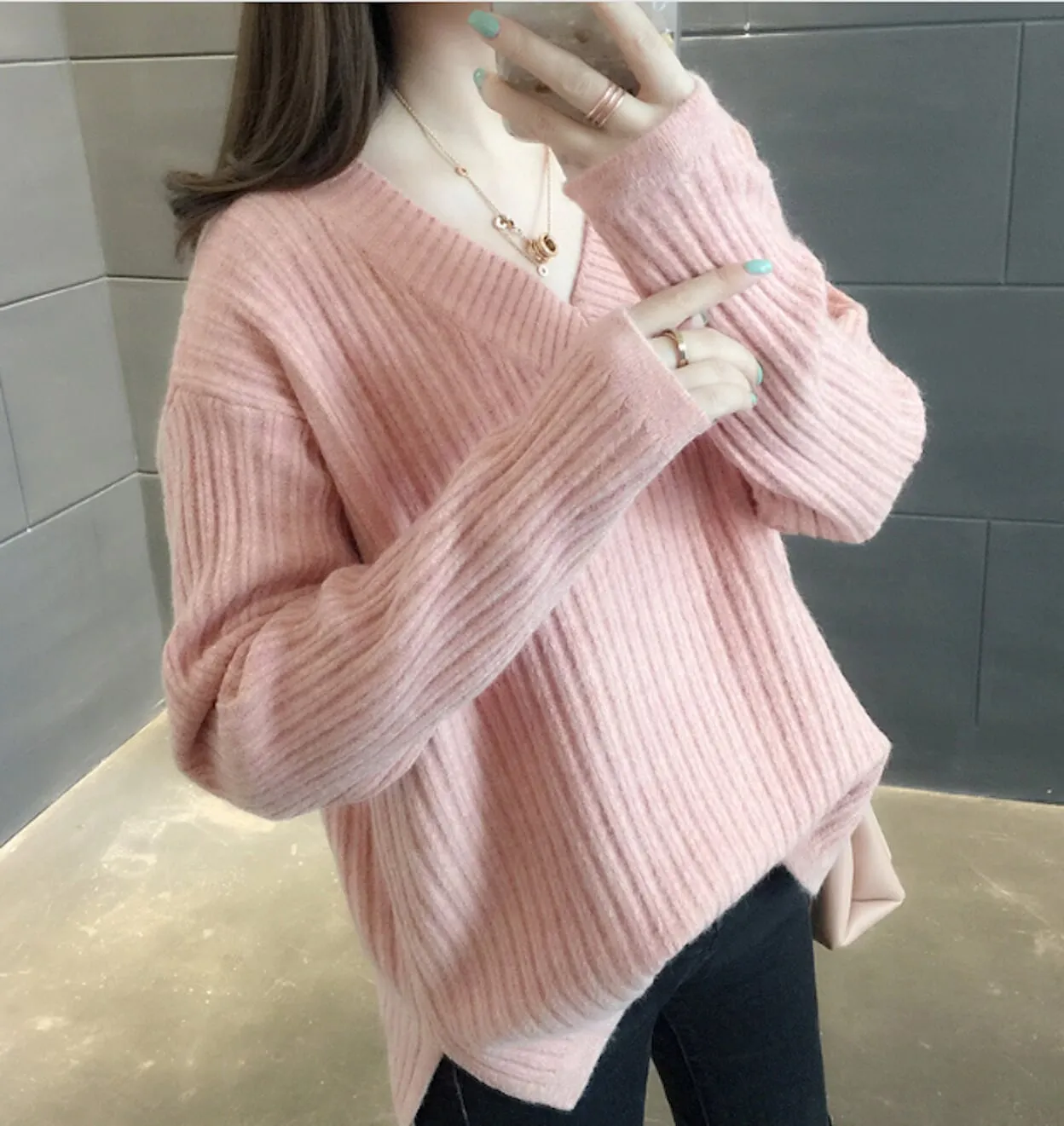 Womens V Neck Rib Knit Sweater