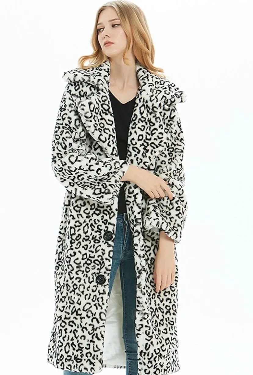 Womens White Leopard Print Long Coat