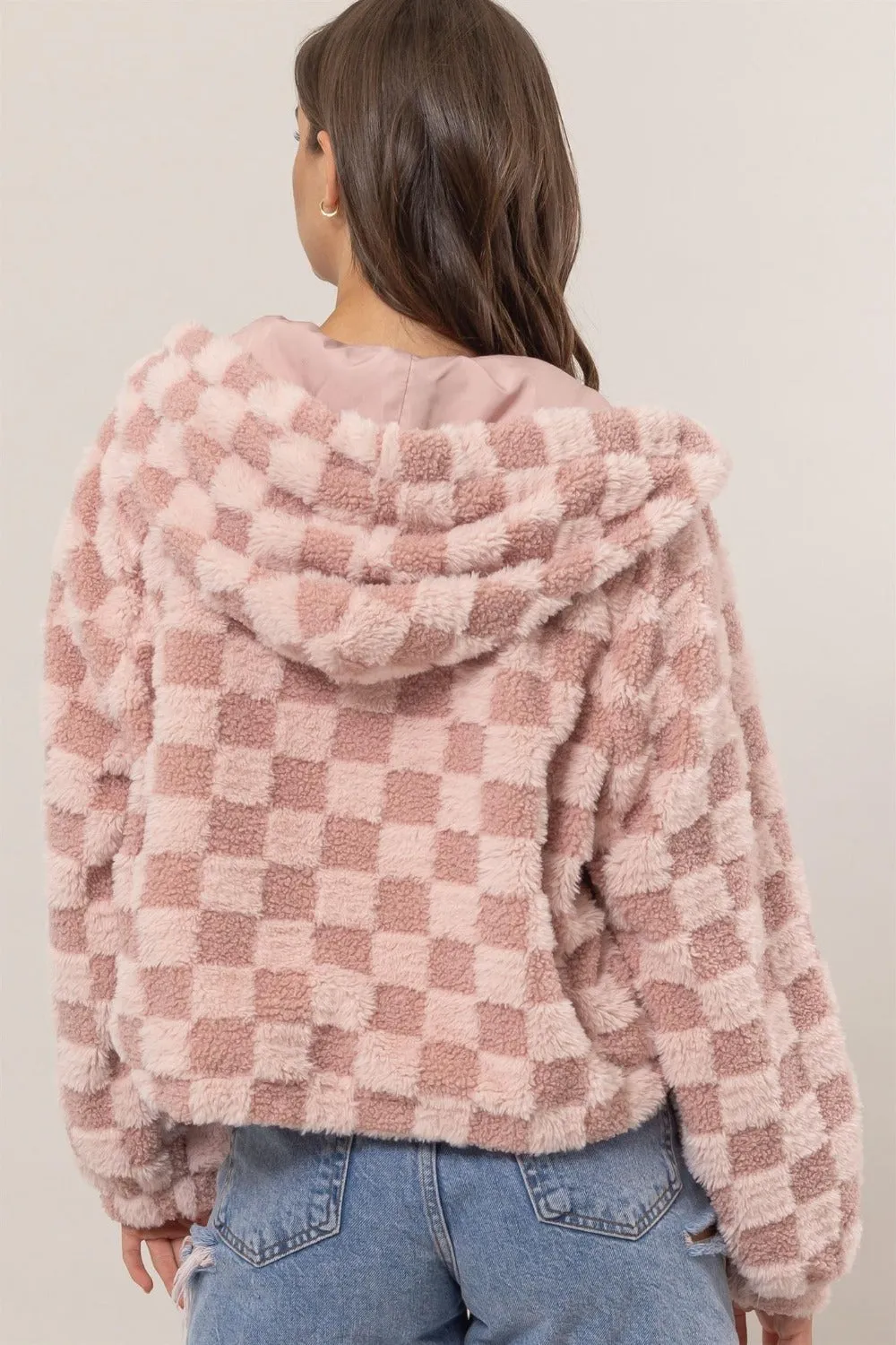 Zip Up Sherpa Checkered Hooded Jacket